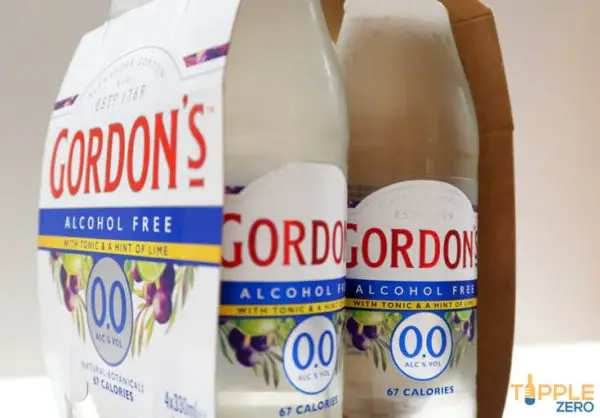 Gordon's 0.0 Gin and Tonic bottles in retail packaging placed on a bench