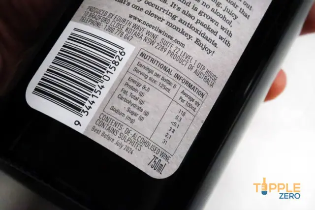 Funky Monkey Pinot Noir nutritional label on the rear of the bottle
