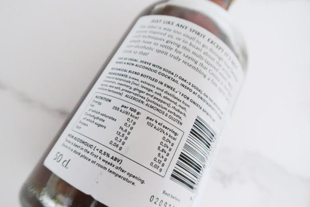 Ginsta Barrelled Oak Nutritional Information Panel of label