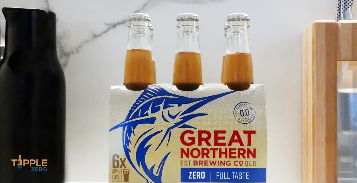 Great Northern Zero Beer 6-pack on bench