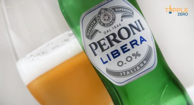 Peroni libera zero non-alcoholic lager bottle and glass