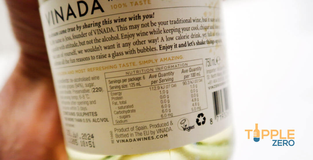 Vinada Airen Gold nutritional information label on back of bottle close up