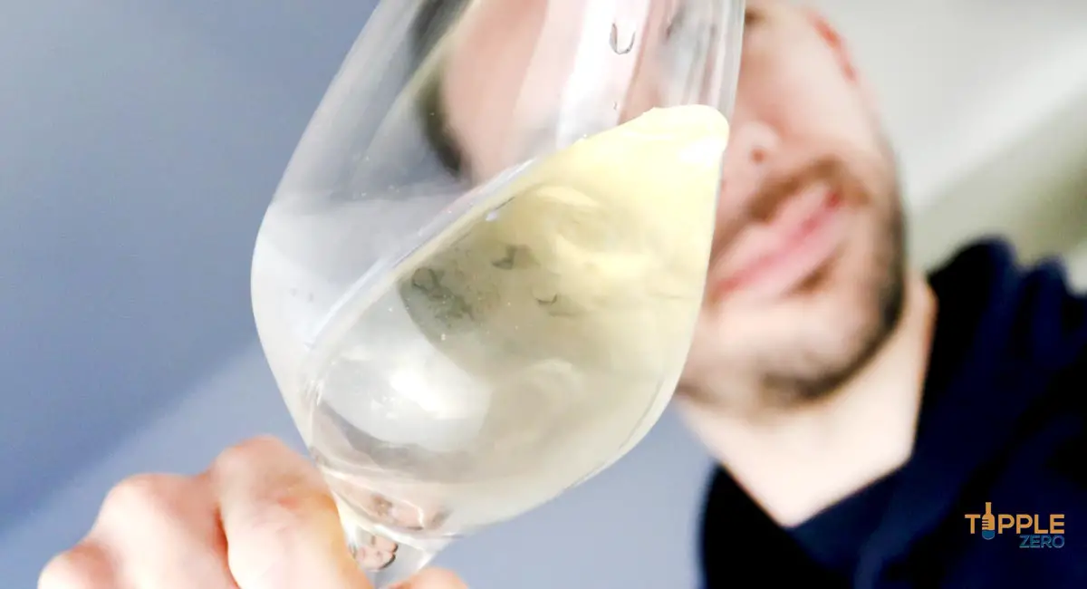 De La Tautila White Wine poured in glass held in front of man