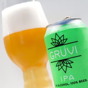Gruvi IPA Non alcoholic beer can and glass full of beer close up