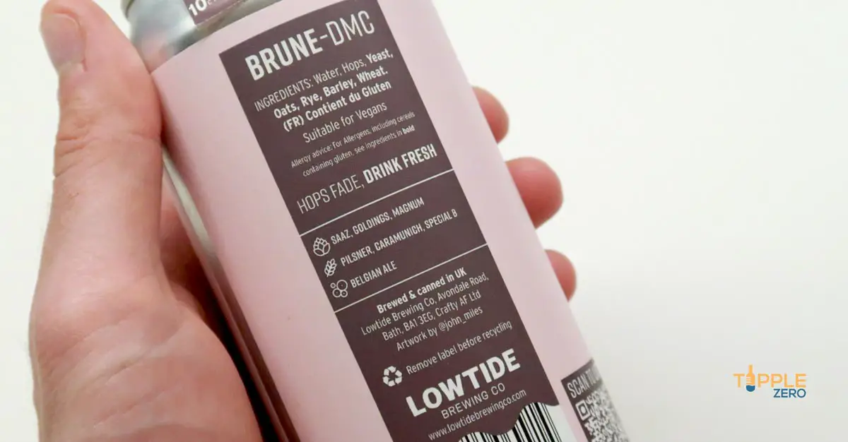 Lowtide Brewing Brune DMC information on label about hops