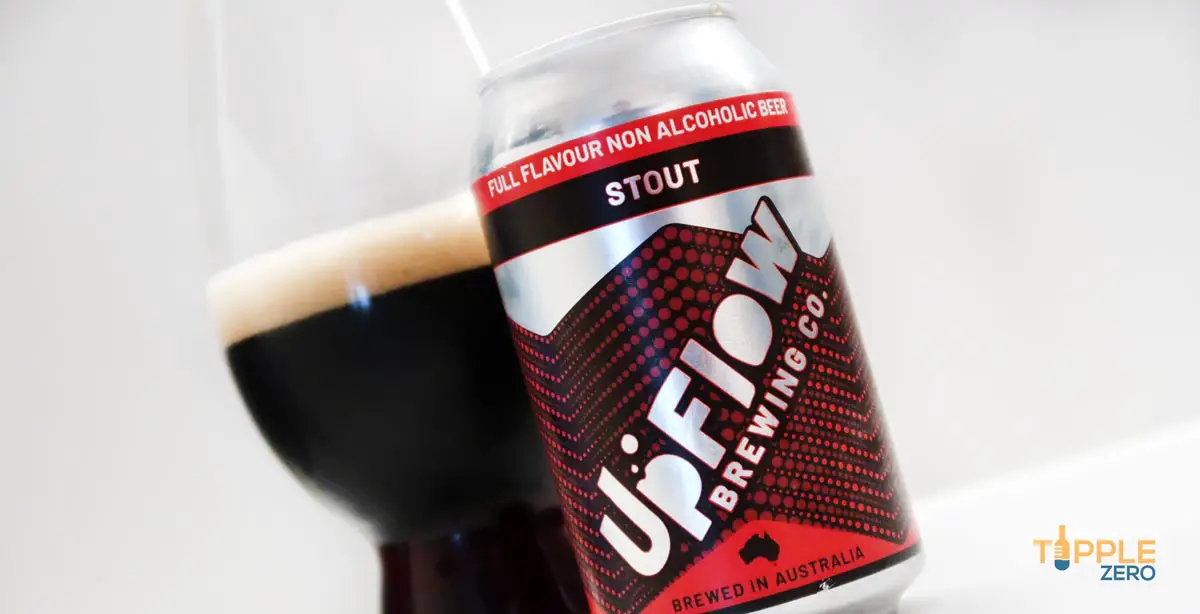 UpFlow Non Alcoholic Stout Can and Containing Beer