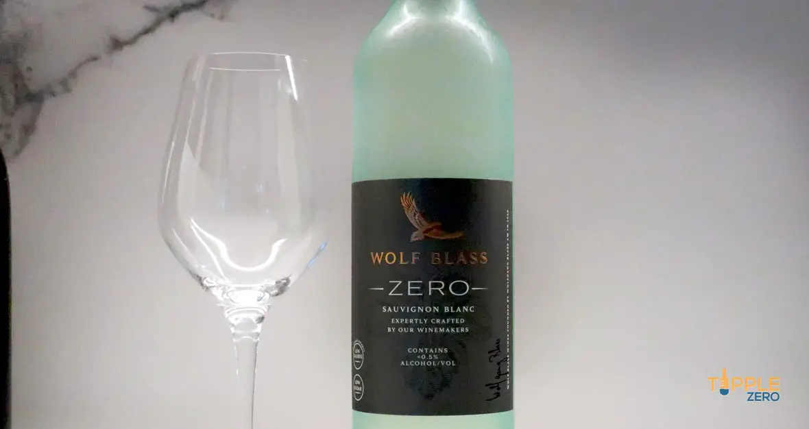 Wolf Blass Zero Sauvignon Blanc Bottle on bench next to glass