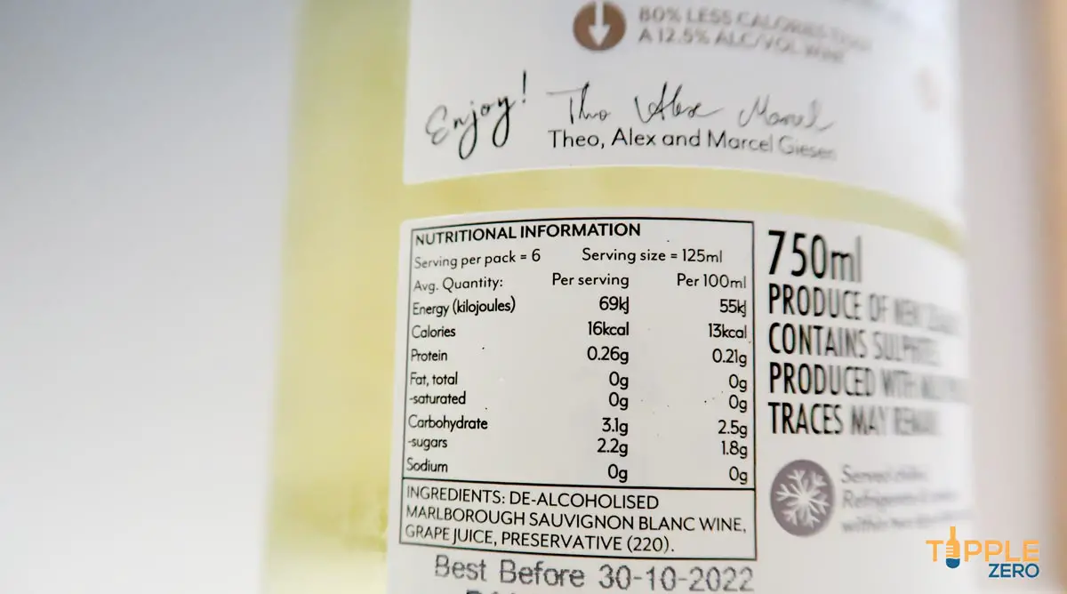 nutrition and calorie information of Giesen Zero Sauvignon Blanc