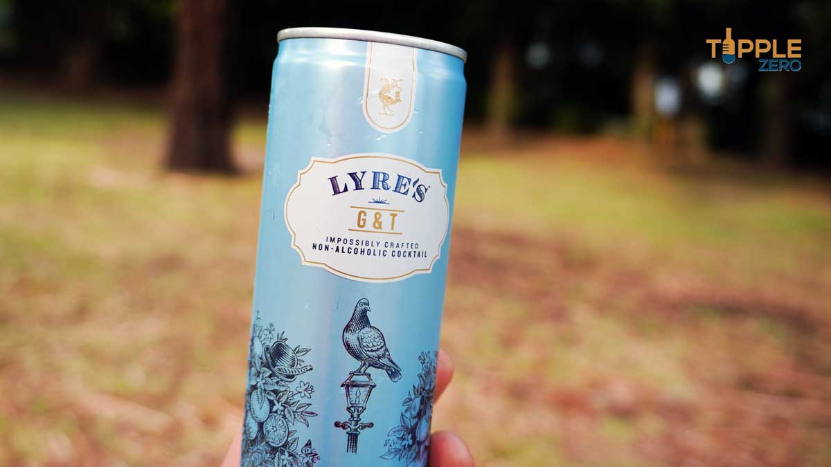 Non Alcoholic Lyres Gin + Tonic can held showing front label