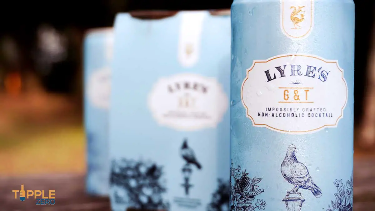 Non Alcoholic Lyres G & T Gin + Tonic Can in front of packaging on park bench