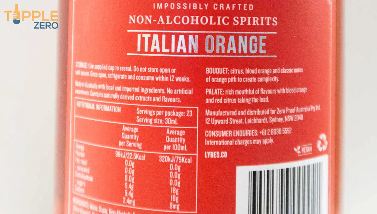 Non Alcoholic Spirit Lyre's Italian Orange nutritional and calories label