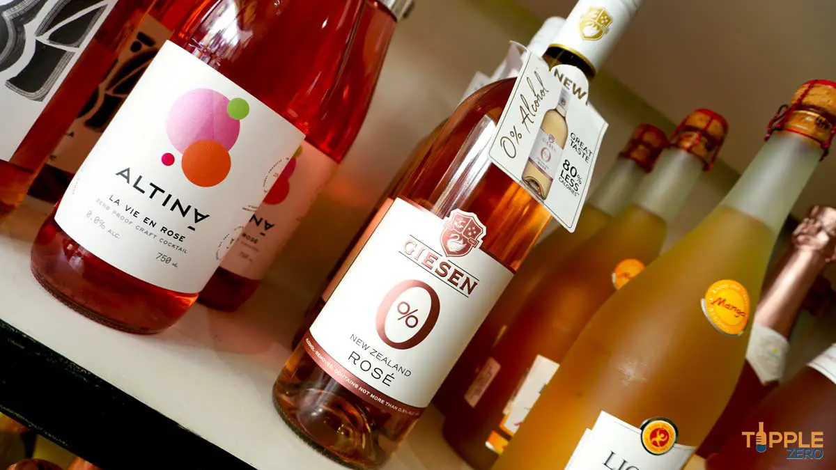 Giesen Zero Rose on shelf in retail store next to other non-alcoholic rose options